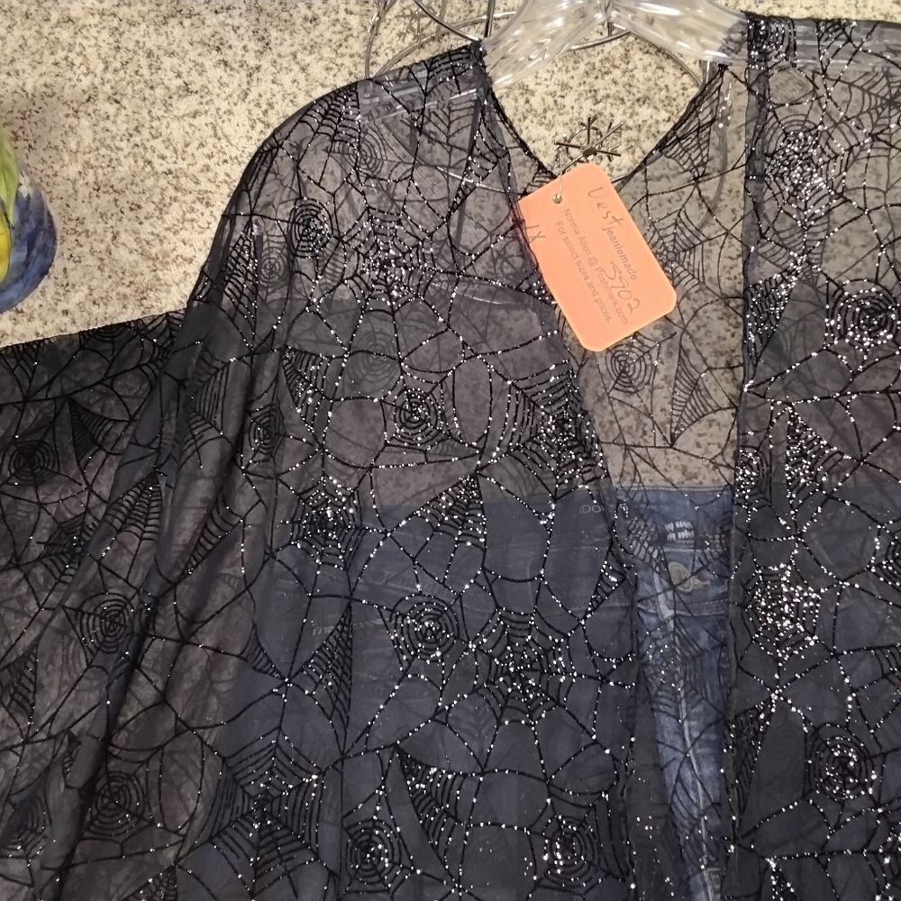 3912 Size XL Sheer Black Spiderweb Lace Kimono Cover-Up with Sparkle - Picture 3 of 5